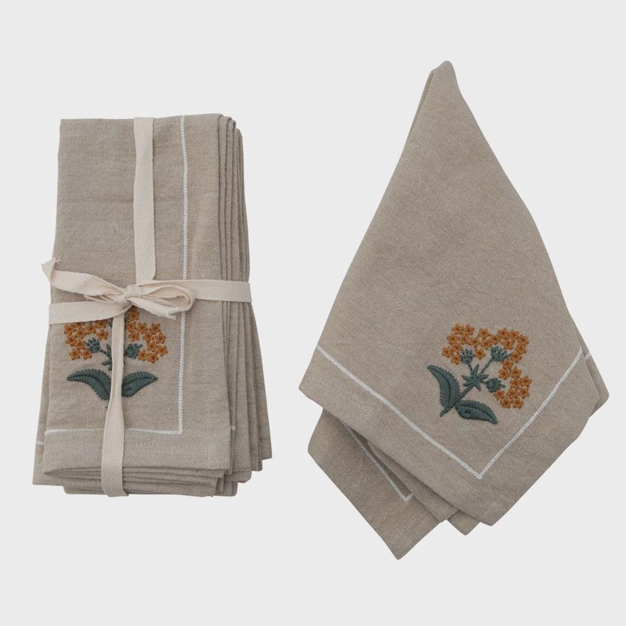 Cotton Napkins Floral Embroidery, Set of 4