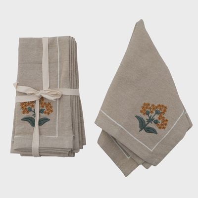 Cotton Napkins Floral Embroidery, Set of 4