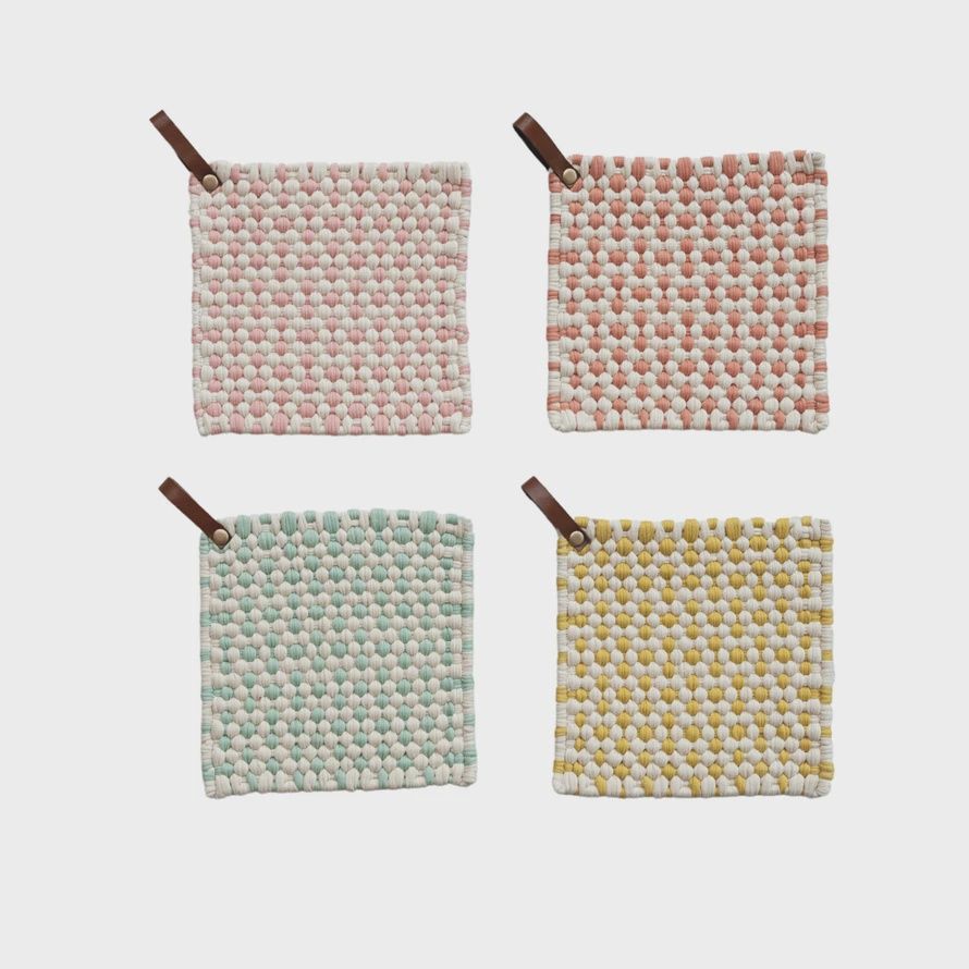 Cotton Crocheted Pot Holder w/ Leather Loop