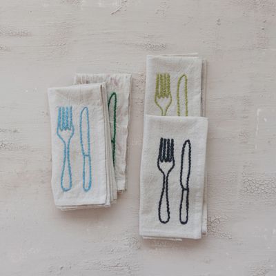 Embroidered Cotton &amp; Linen Napkins, Set of 4