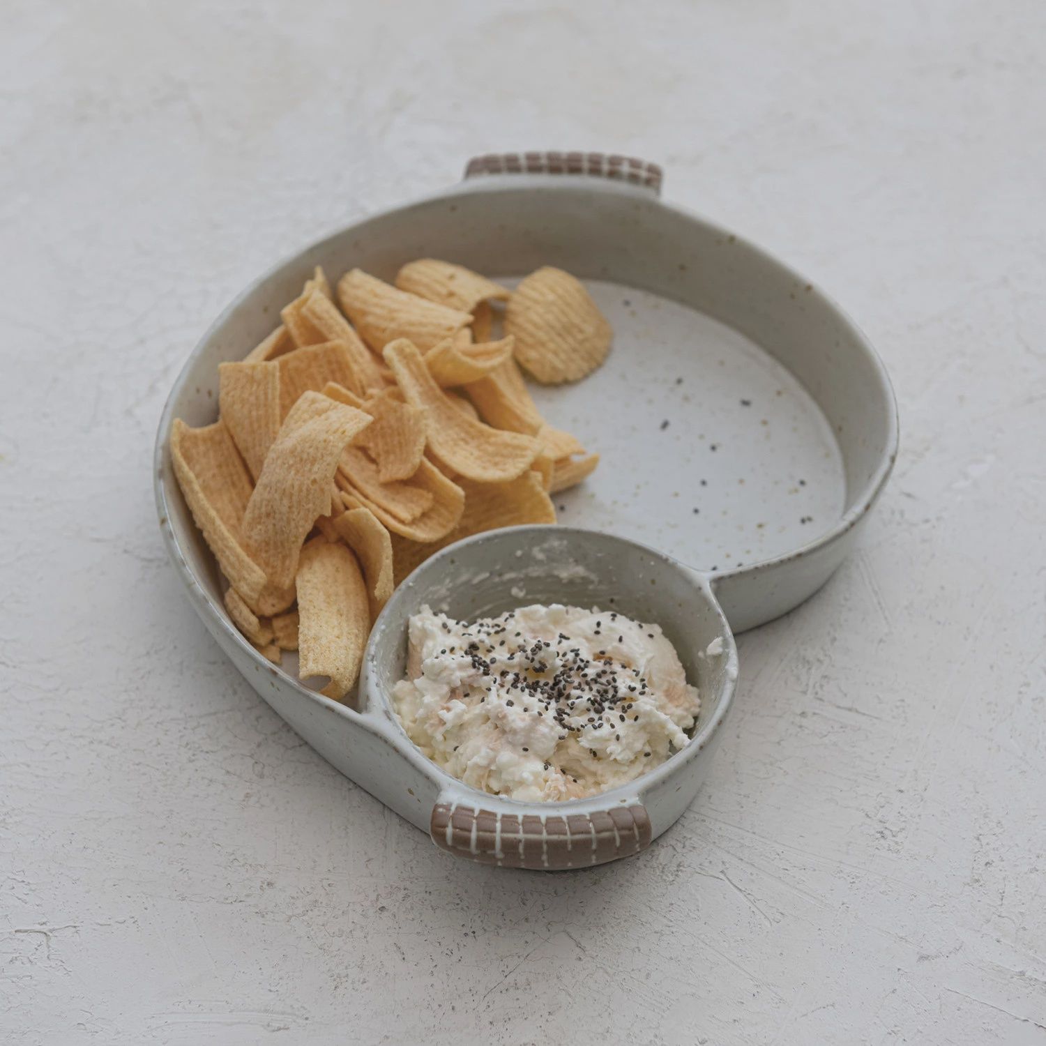 Stoneware Dish, 2 Sections &amp; Handles