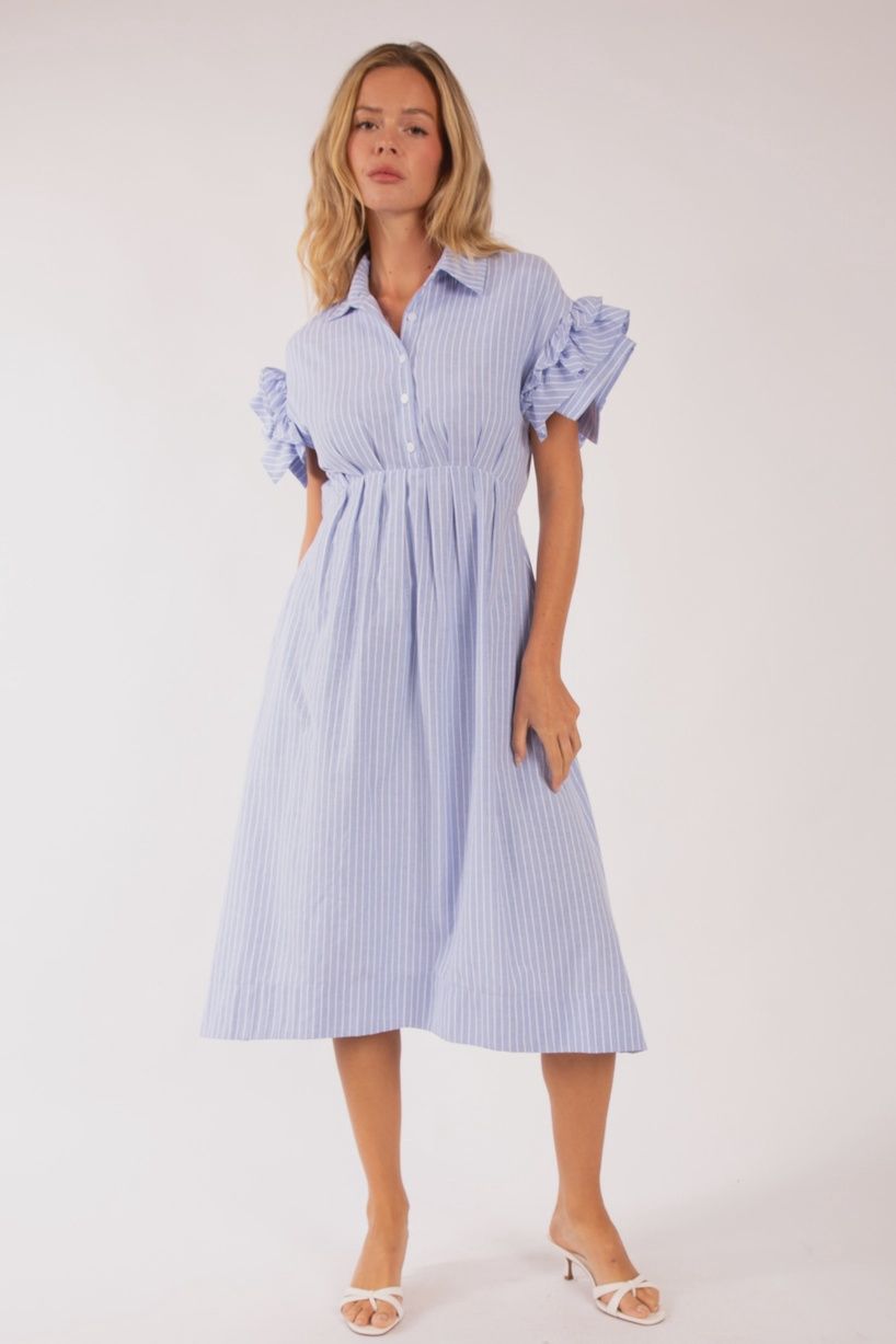 Button-Down Ruffle Sleeve Midi Dress