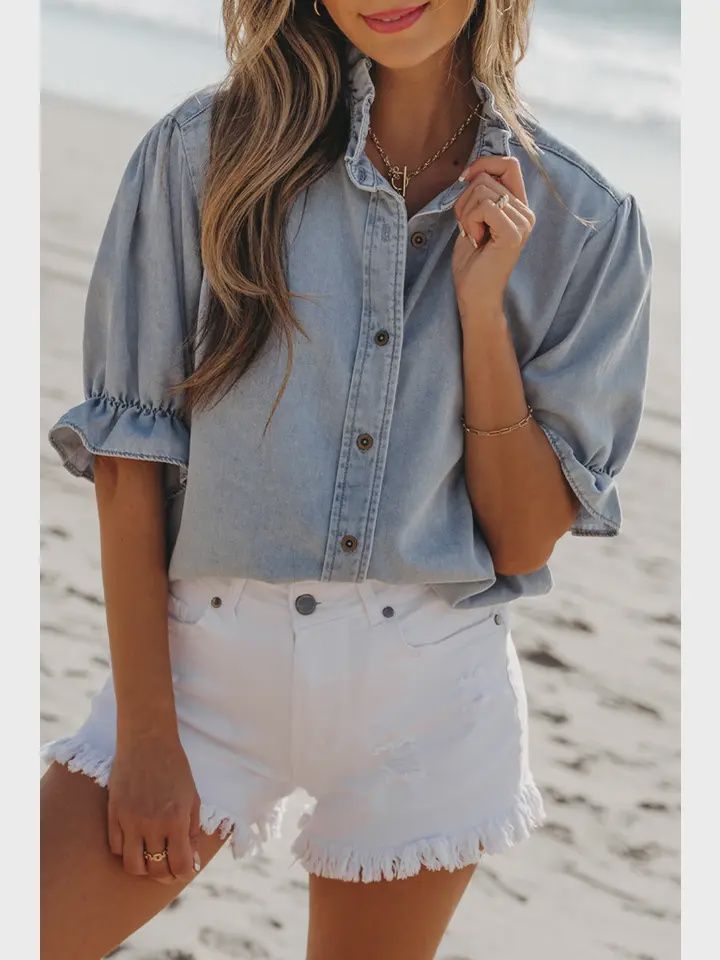 Ruffle Short Puff Sleeve Chambray Shirt