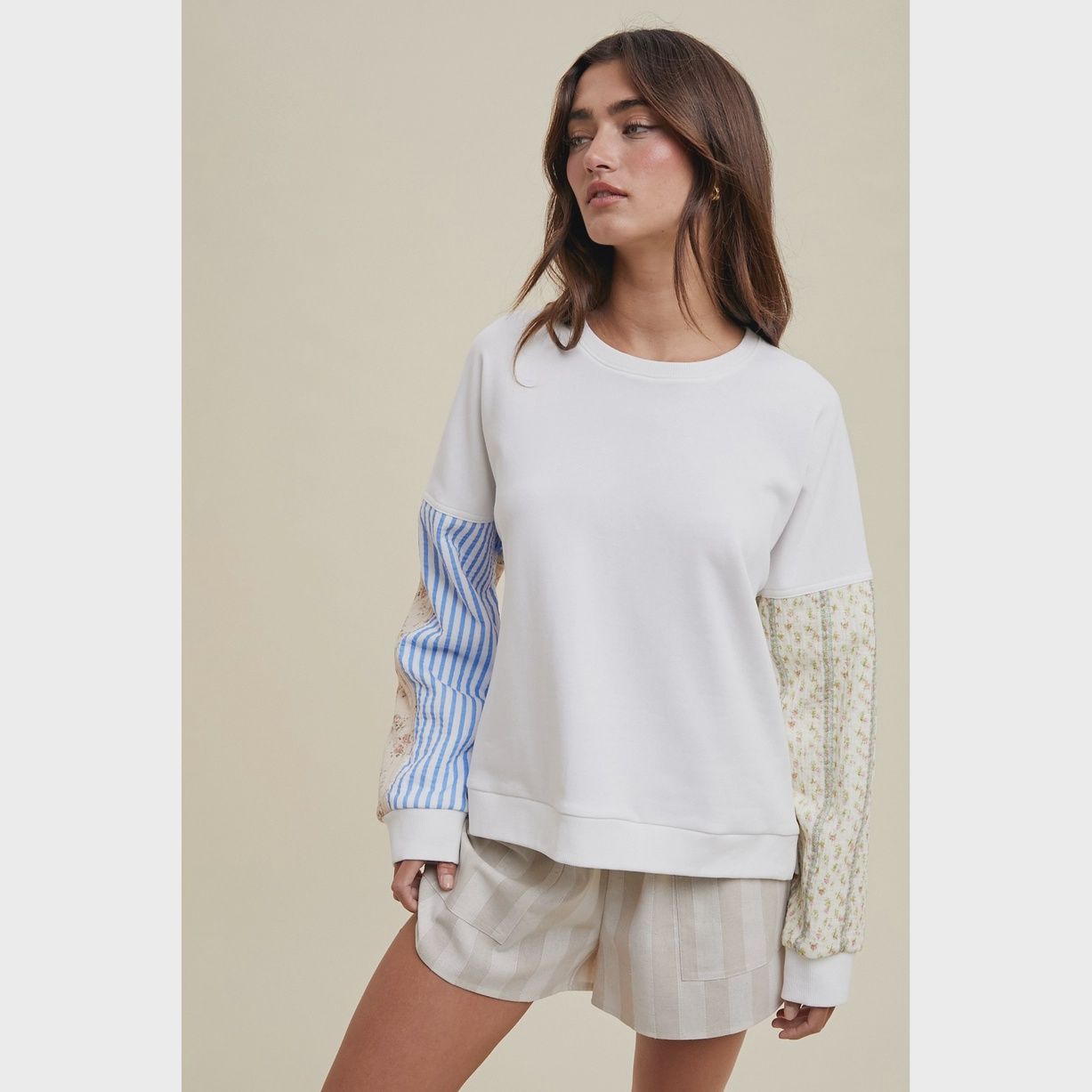 Multi-Print Sleeve Pullover Sweatshirt
