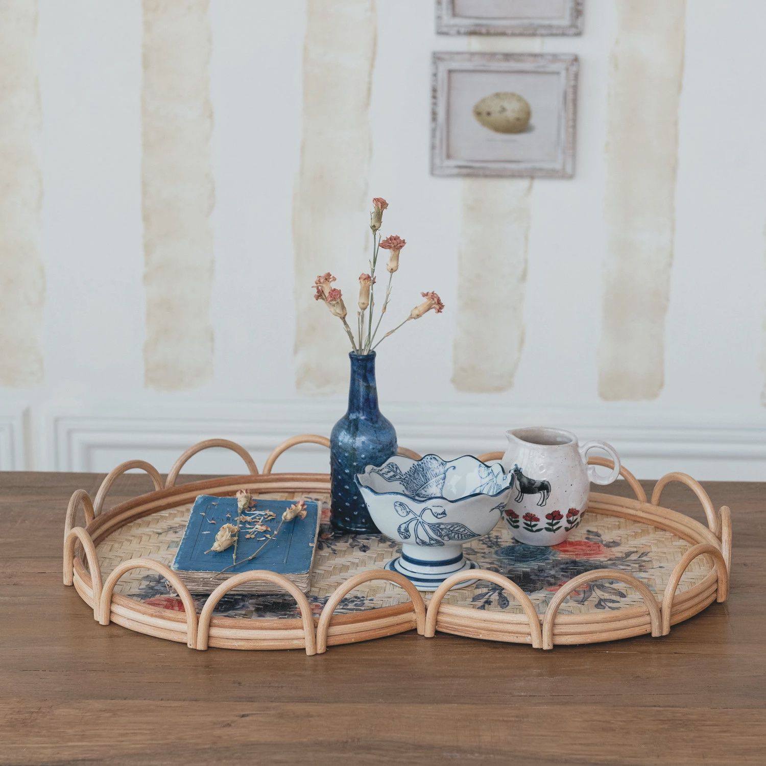 Rattan &amp; Bamboo Scalloped Tray w/ Printed Florals