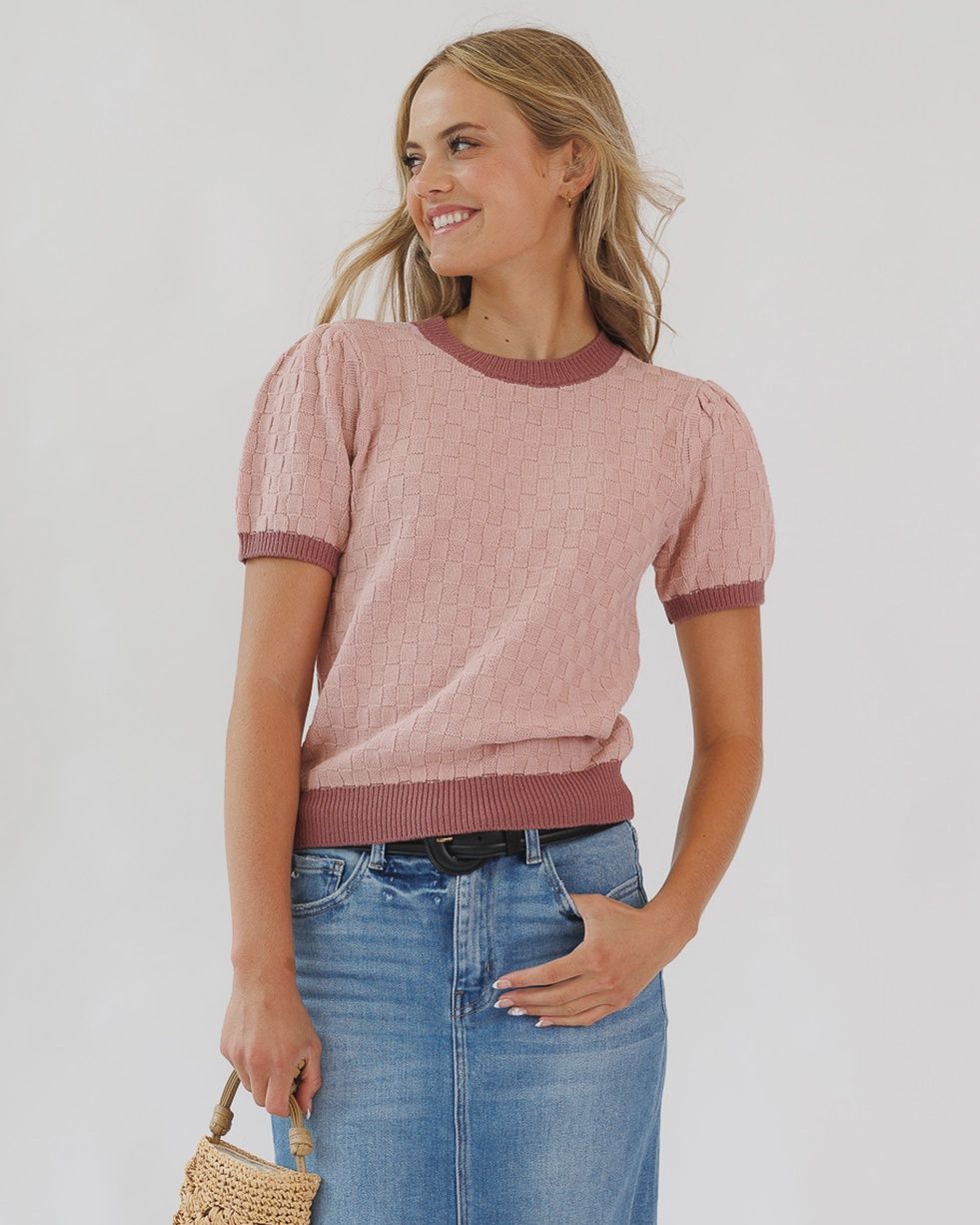 Pink Textured Short Sleeve Lightweight Sweater