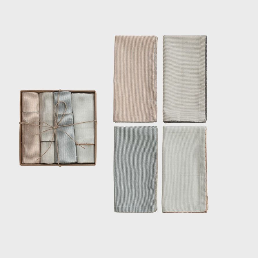 Cotton Printed Napkins w/ Stitched Edge, Set of 4