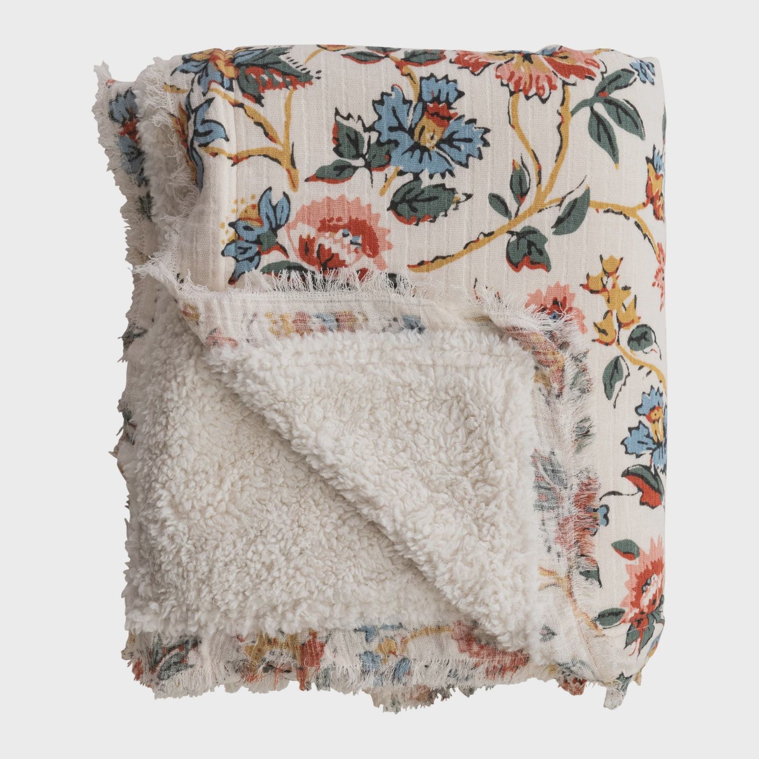 Cotton Blanket Sherpa Back, Flower Pattern &amp; Fringe
