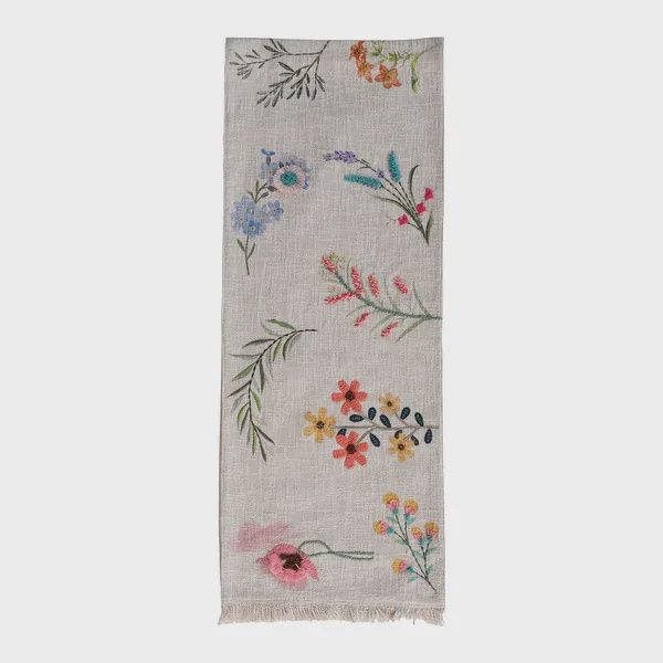 Printed Table Runner w/ Flowers, Embroidery &amp; Fringe
