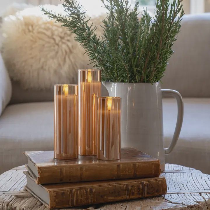 Amber Pillar Flameless Led Glass Candle Set of 3