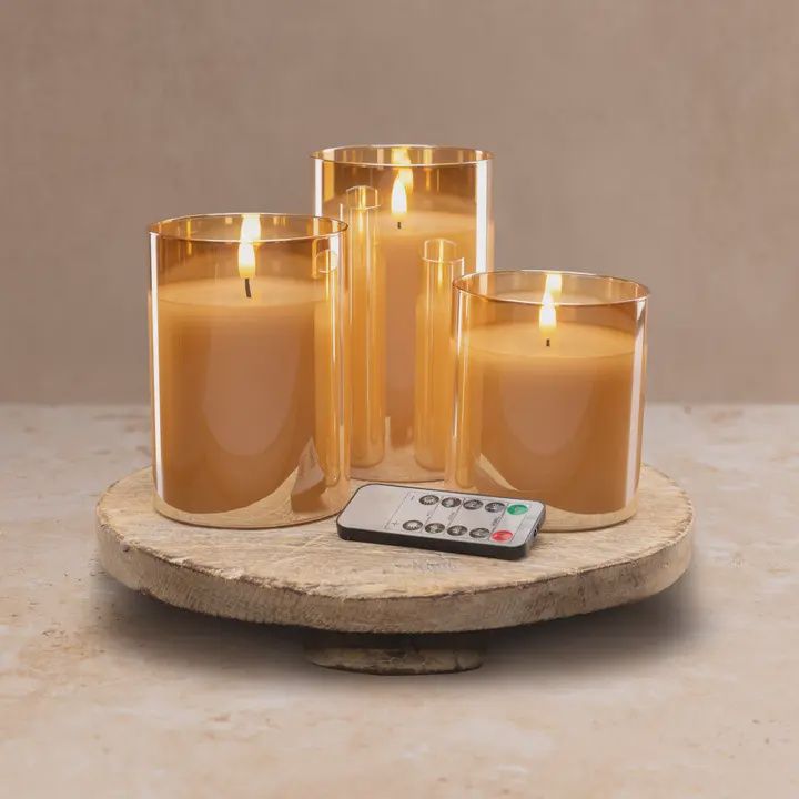Flameless Led Glass Candles- Amber Size 4&quot;5&quot;6&quot;