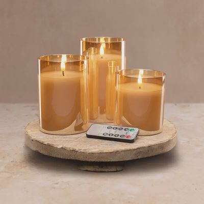 Flameless Led Glass Candles- Amber Size 4&quot;5&quot;6&quot;
