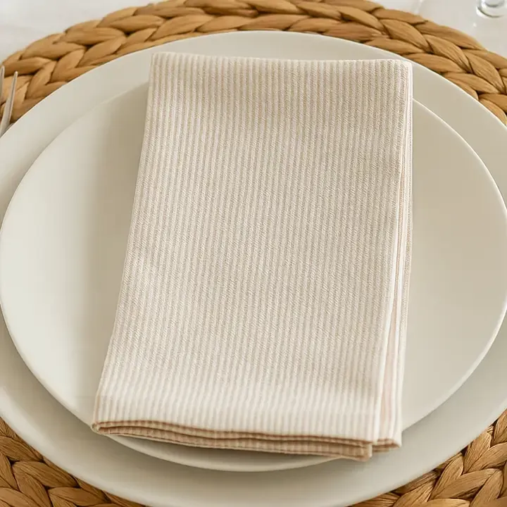 Beige Neutral Striped Cotton 20" Dinner Napkin Set 10