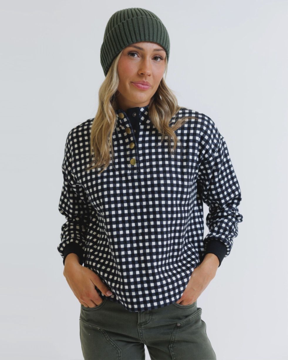 Gingham Half Button Long Sleeve Pullover