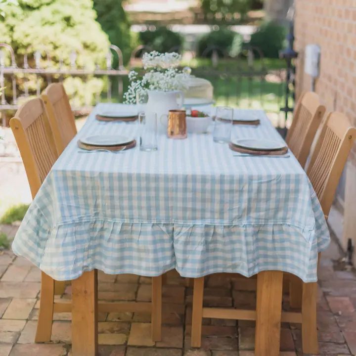Blue Ruffled Gingham Tablecloth