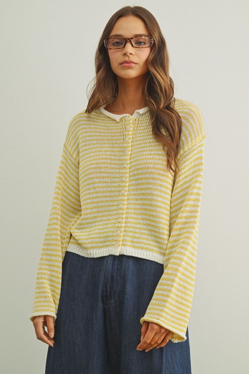 Yellow Stripe Button Front Knit Cardigan