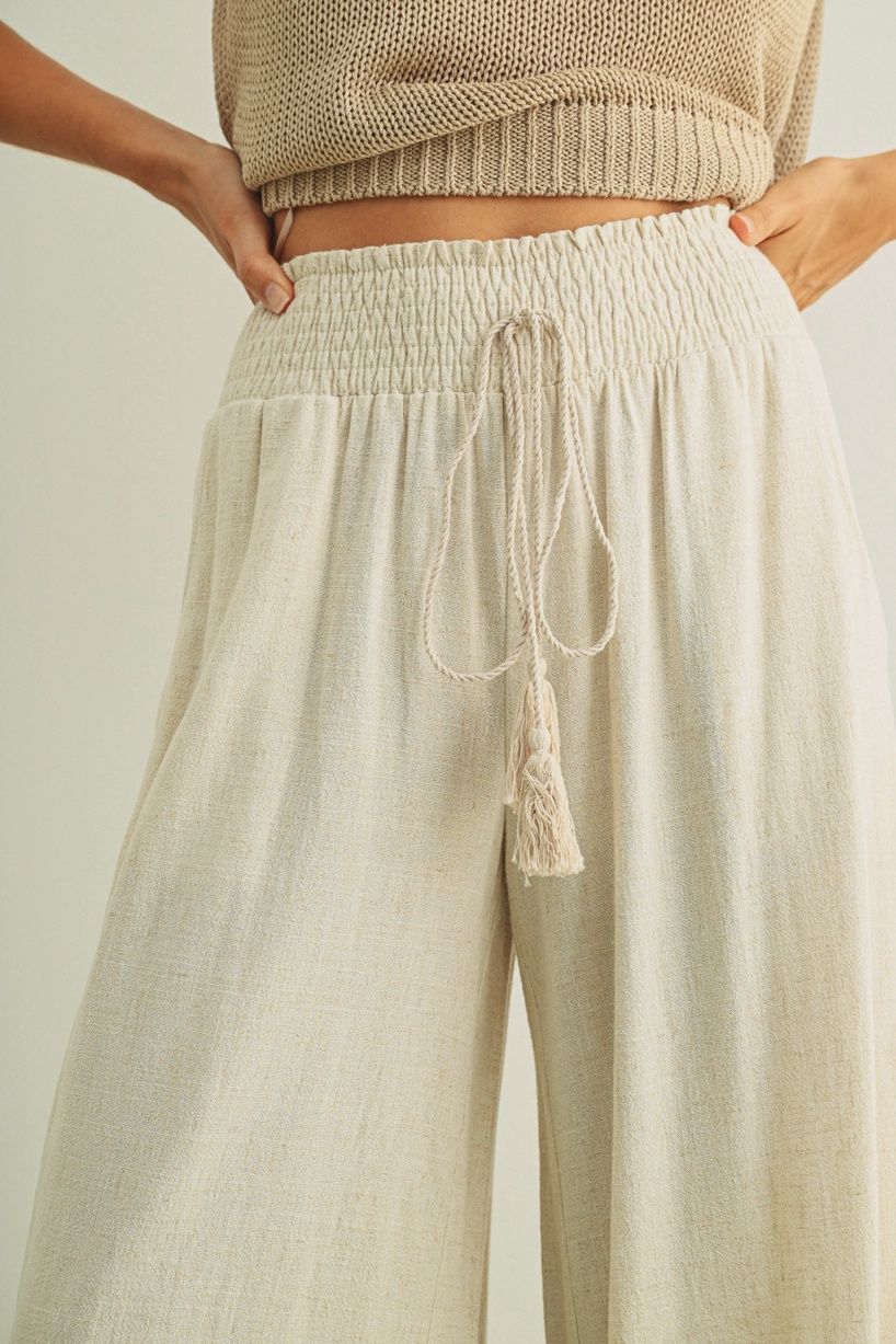 Cotton Linen Smocked Waist Pants
