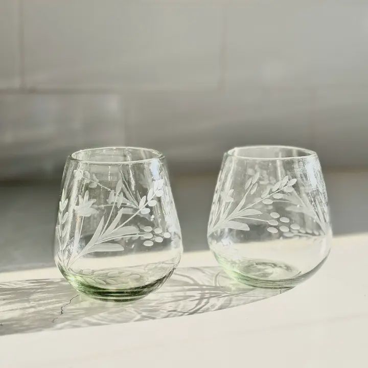 Hand-Etched Blown Oval Glass
