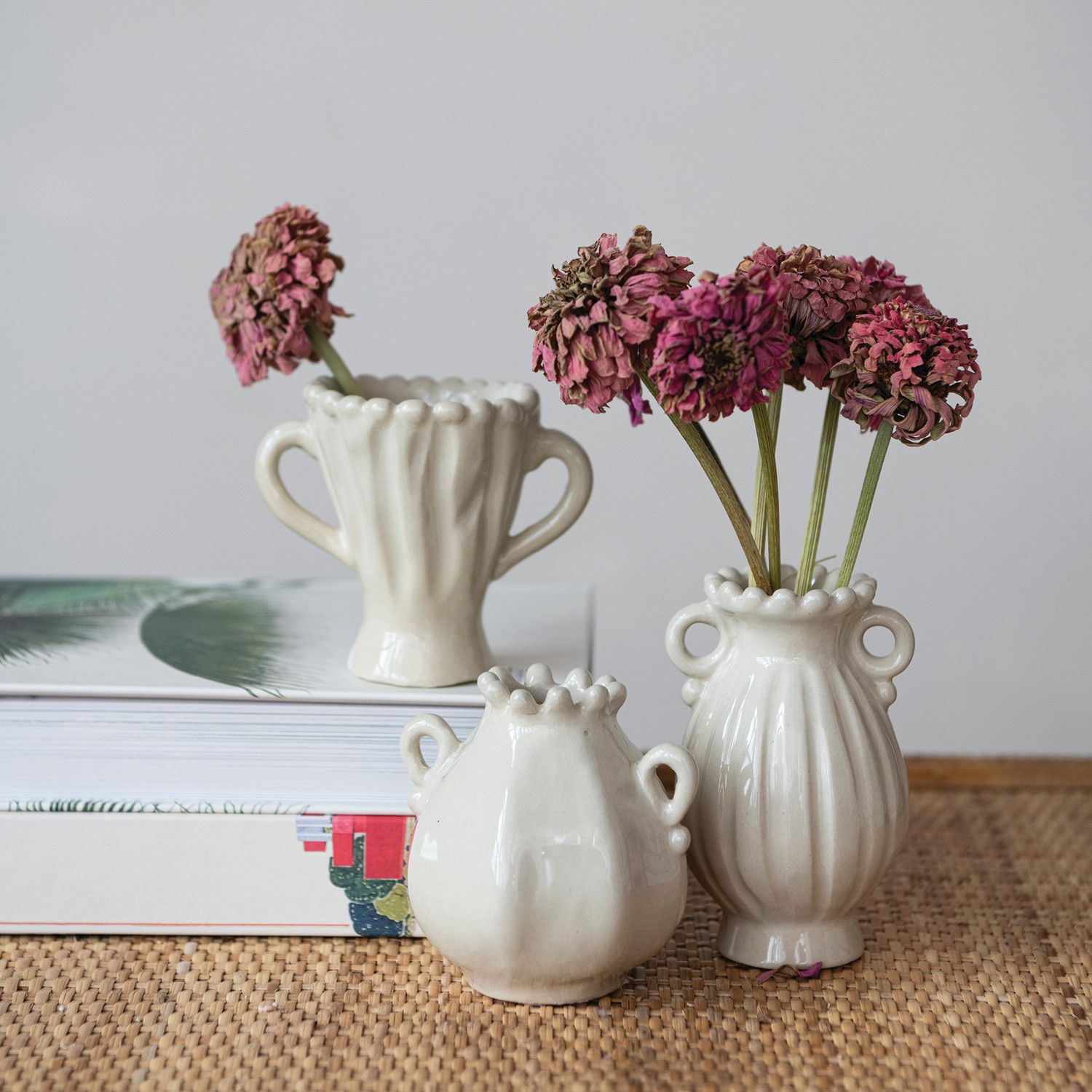 3"H - 4"H Stoneware Vase w/ Handles, Cream Color