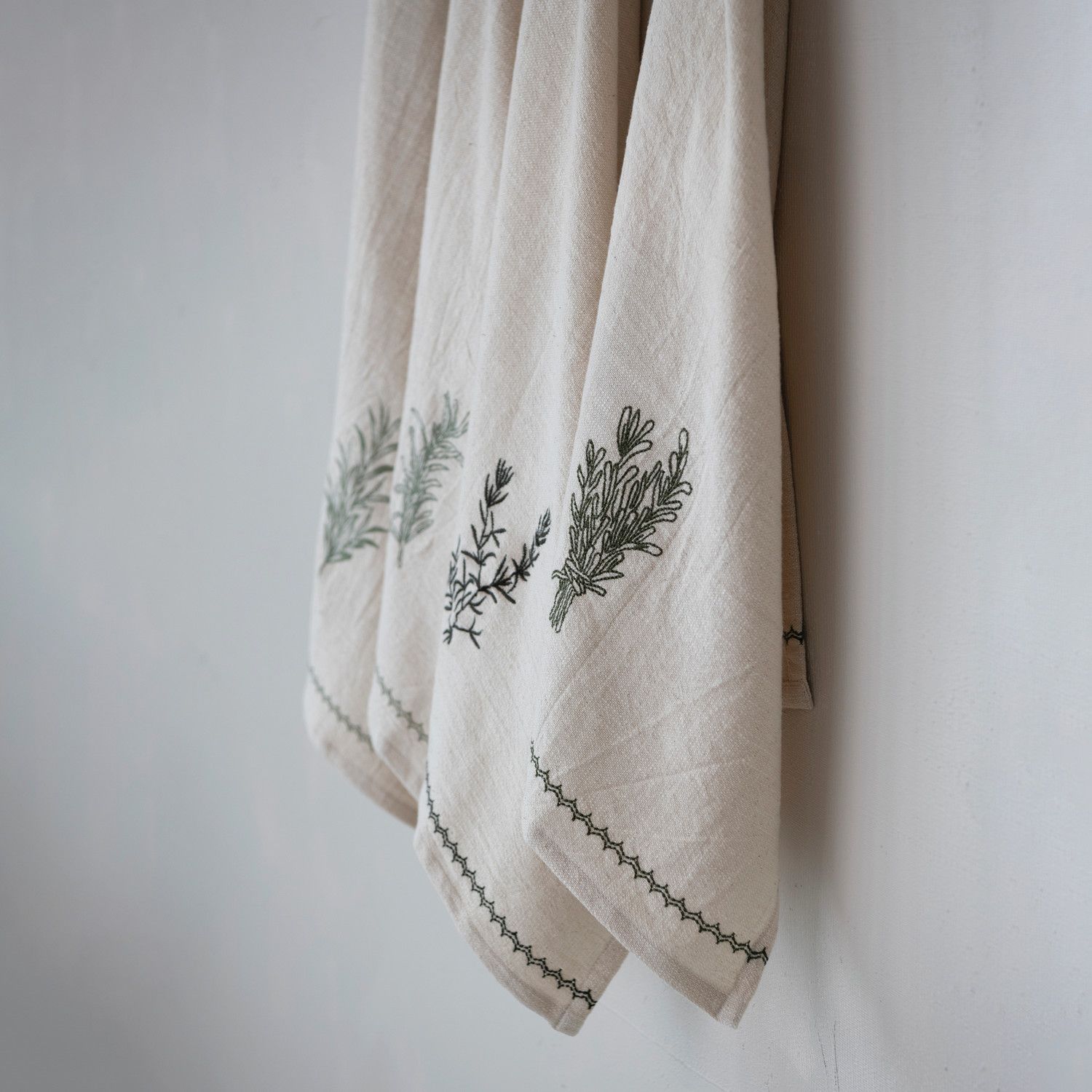 Cotton Tea Towel with Embroidered Herbs &amp; Trim