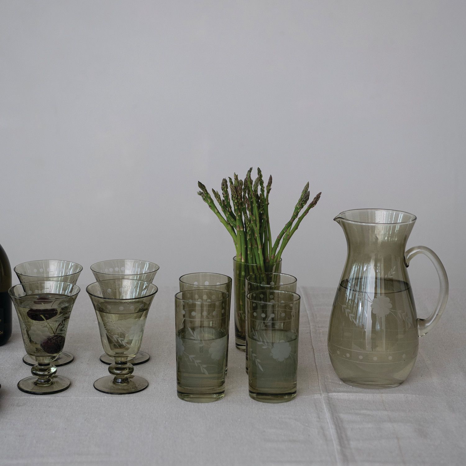 Glass Pitcher with Etched Botanicals, Green