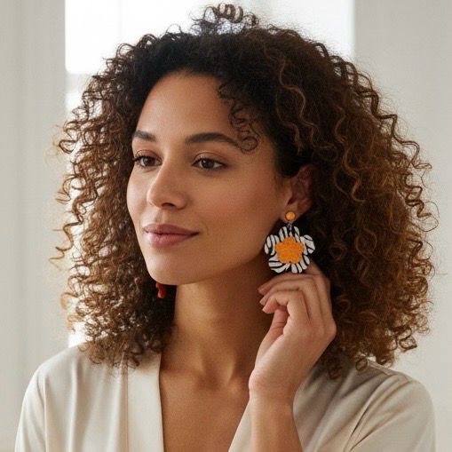 Boucles d’oreilles fleurs "pas pareilles" en cuir, noires, blanches et oranges