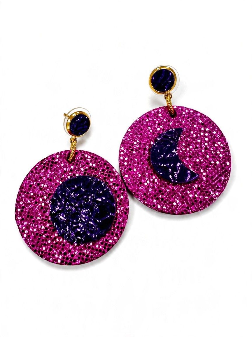 Boucles en cuir  asymétriques, lunes roses et violettes