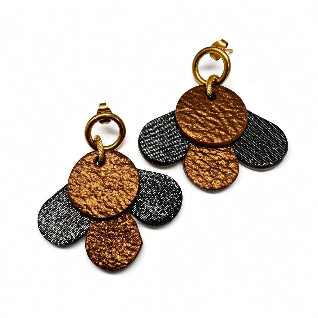 Boucles en cuir fleur bronze et kaki