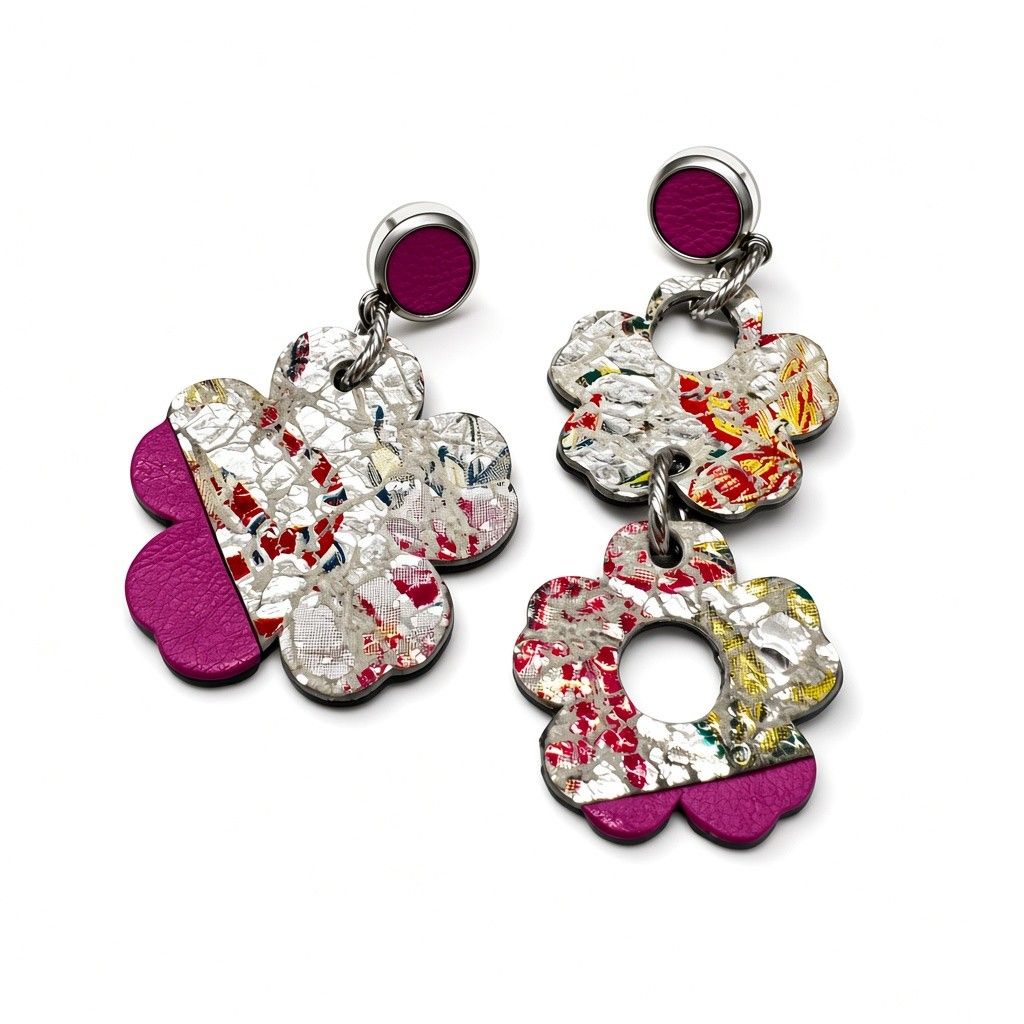Boucles asymétrique fleur rose à motif