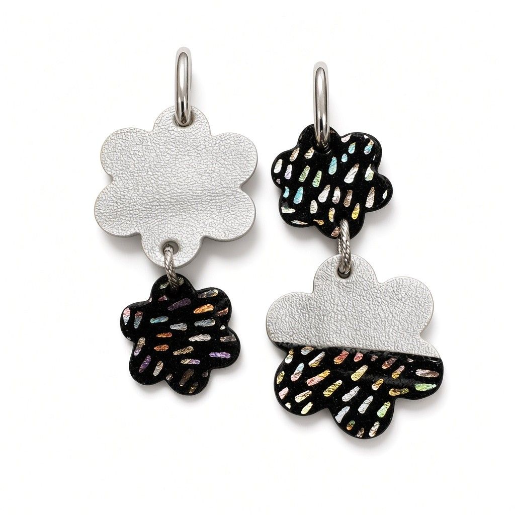 Boucles asymétrique fleur argenté et noir