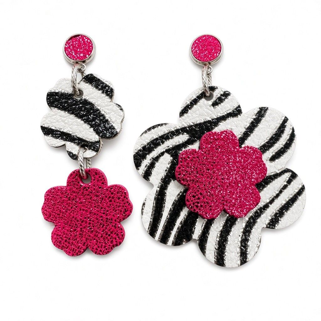Boucles asymétrique fleur zébré et rose