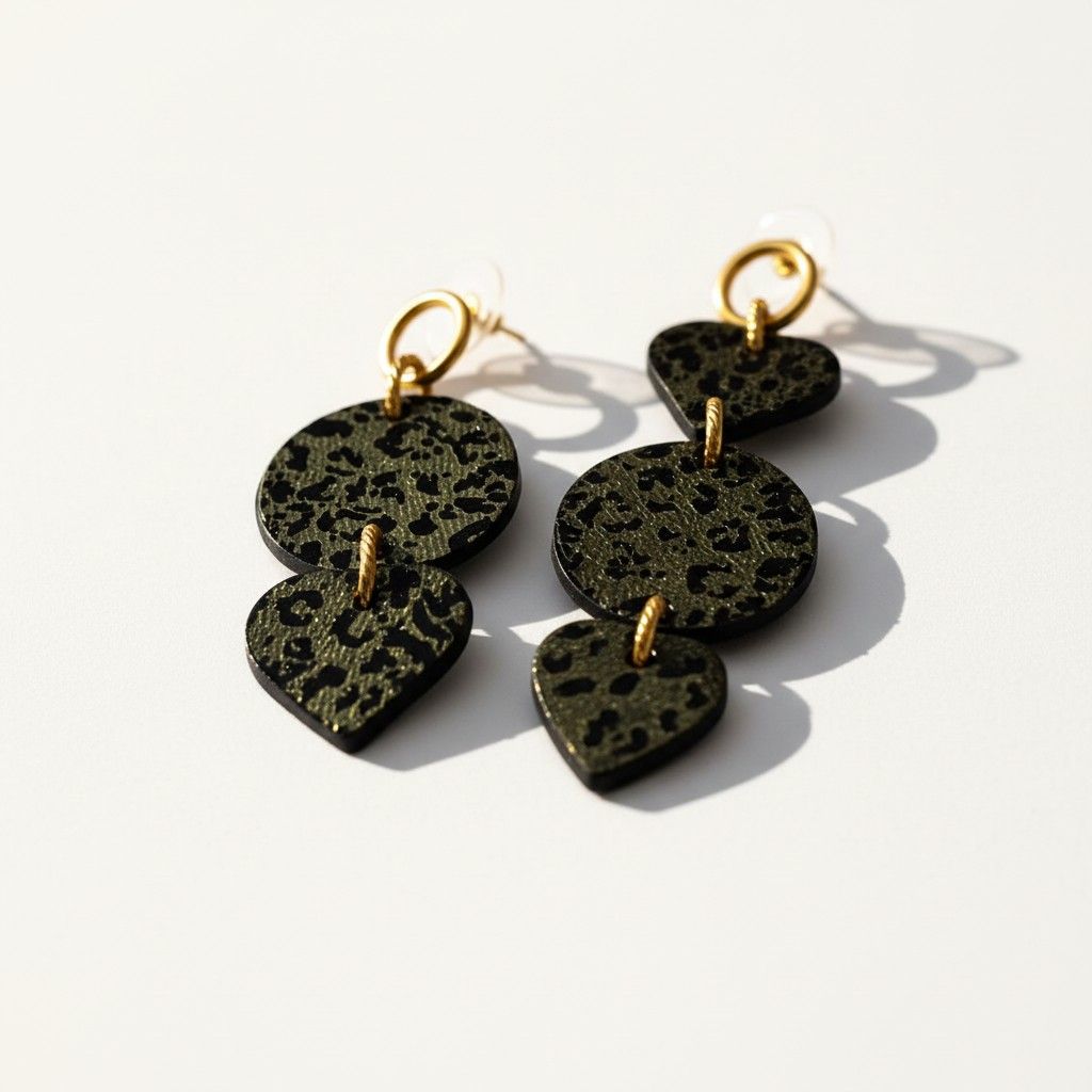 Boucles en cuir asymétrique verte léopard