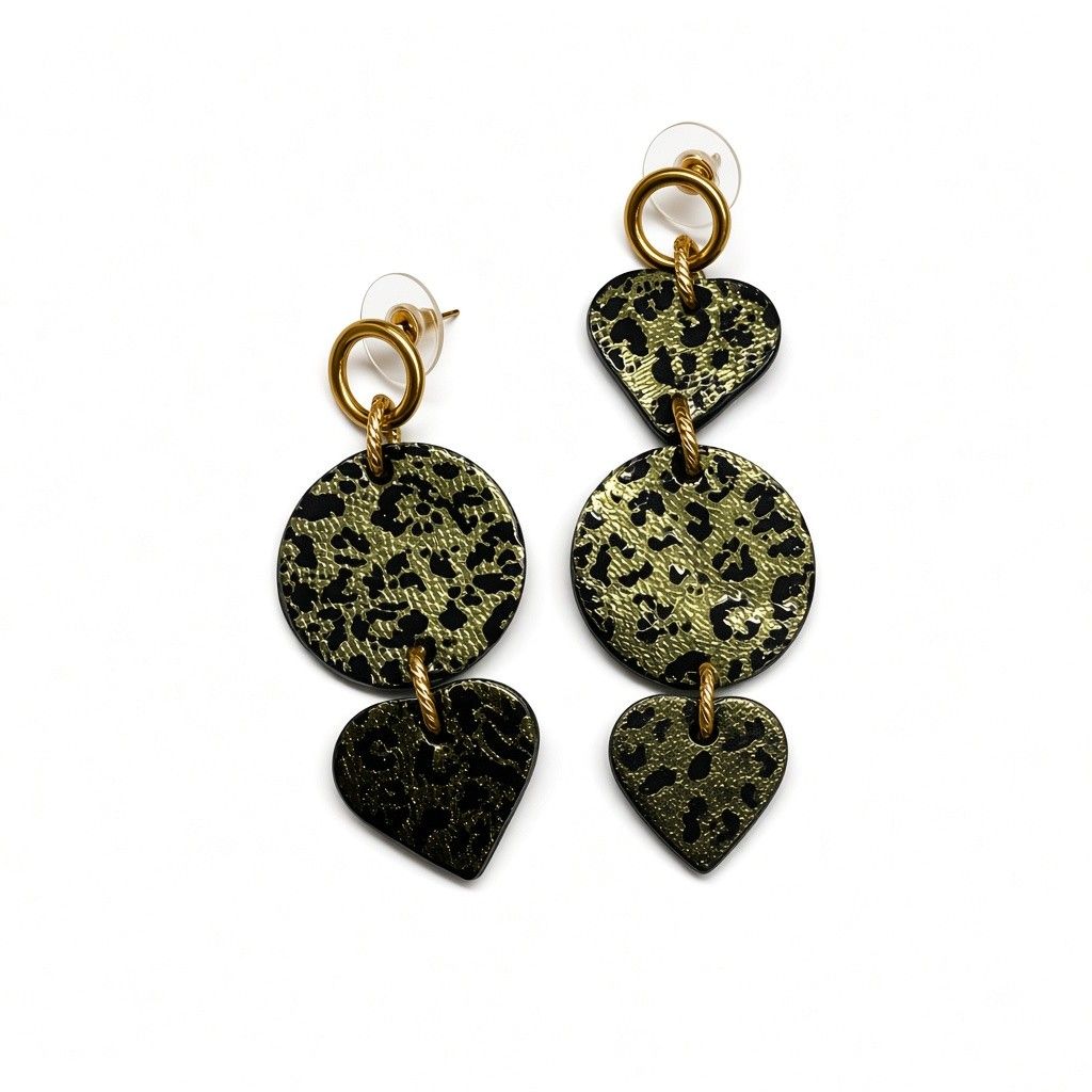 Boucles en cuir asymétrique verte léopard