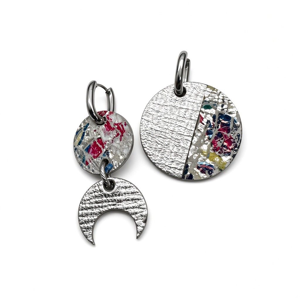Boucles asymétrique lune argent et motifs