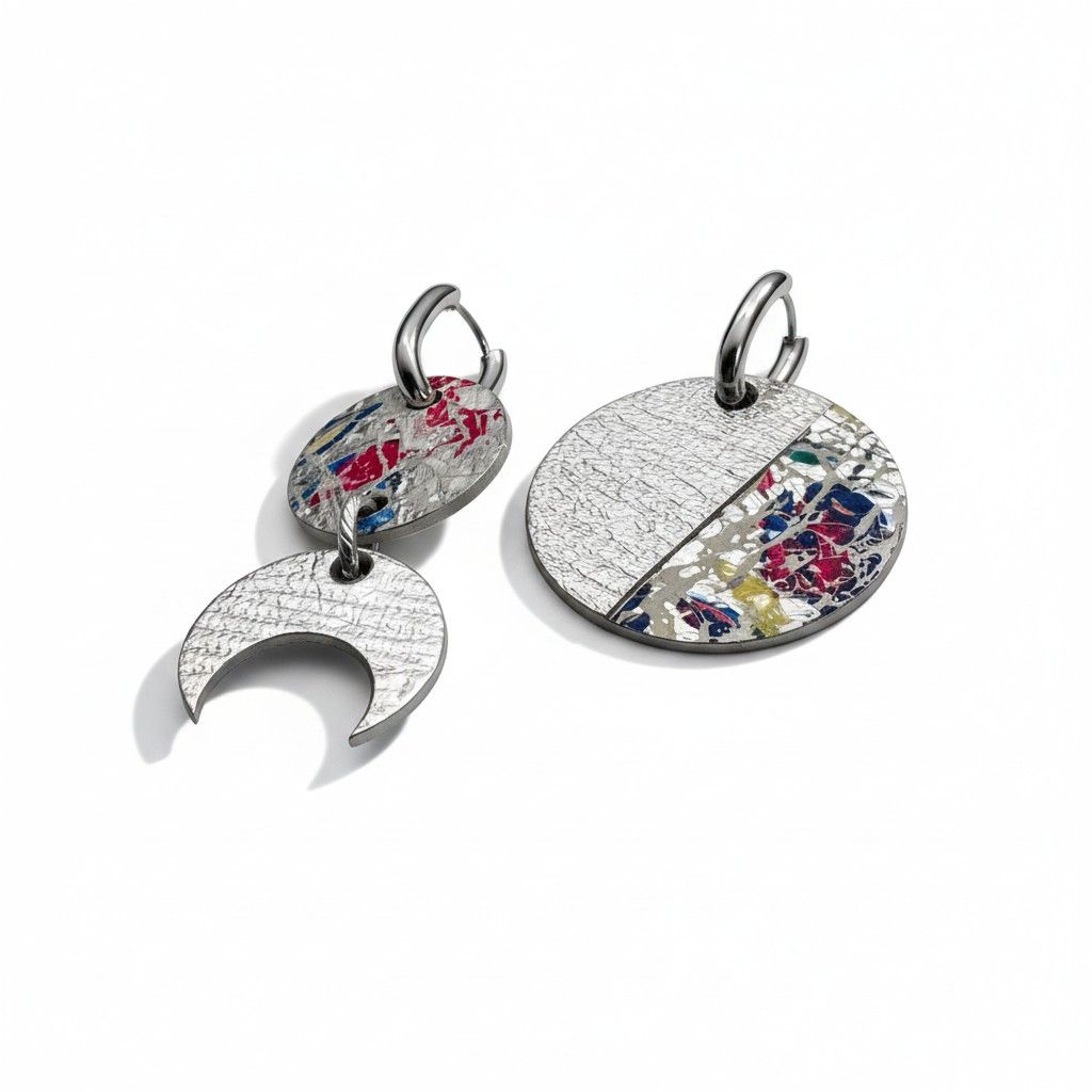 Boucles asymétrique lune argent et motifs