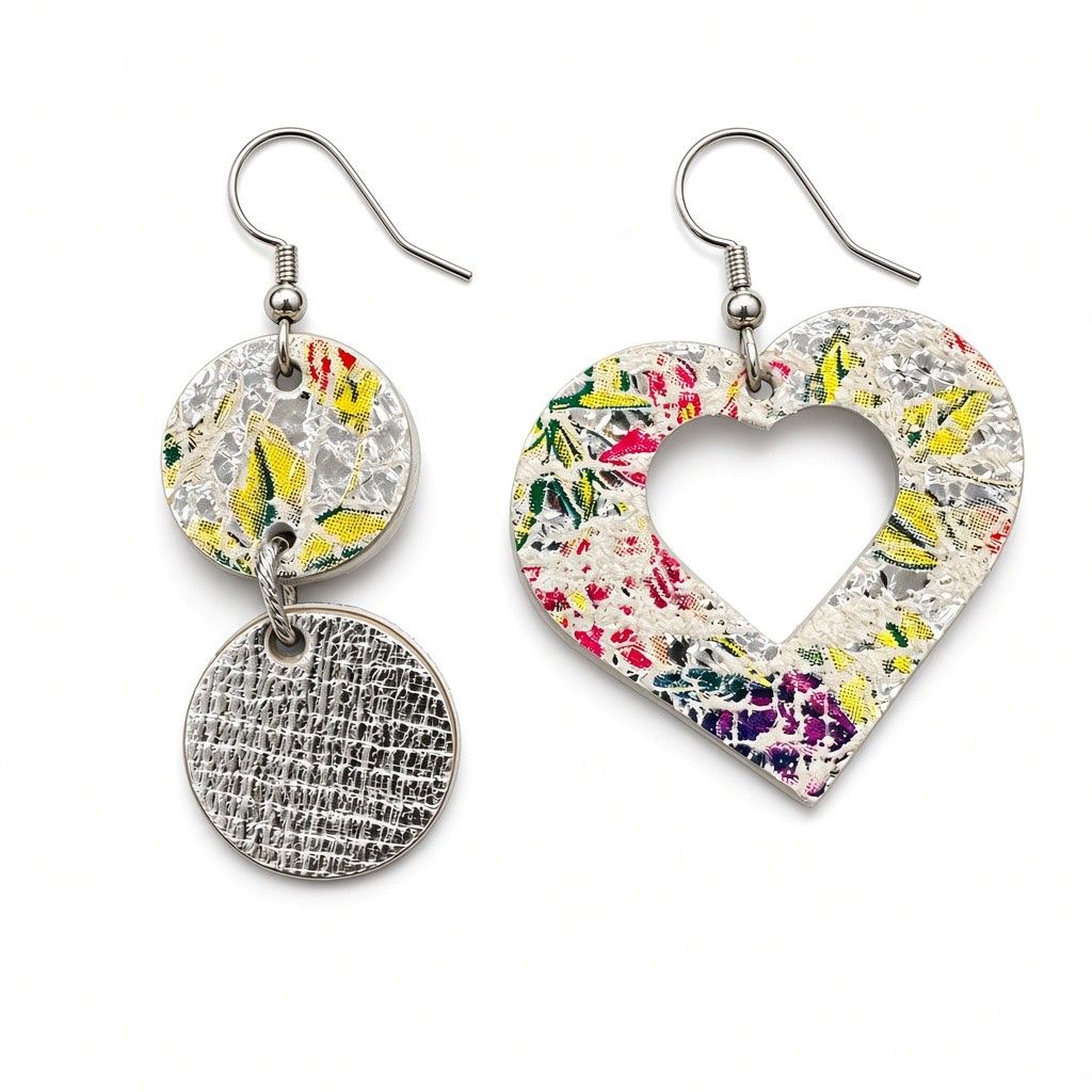 Boucles asymétrique cœur argenté avec motifs