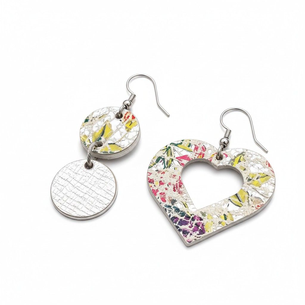 Boucles asymétrique cœur argenté avec motifs