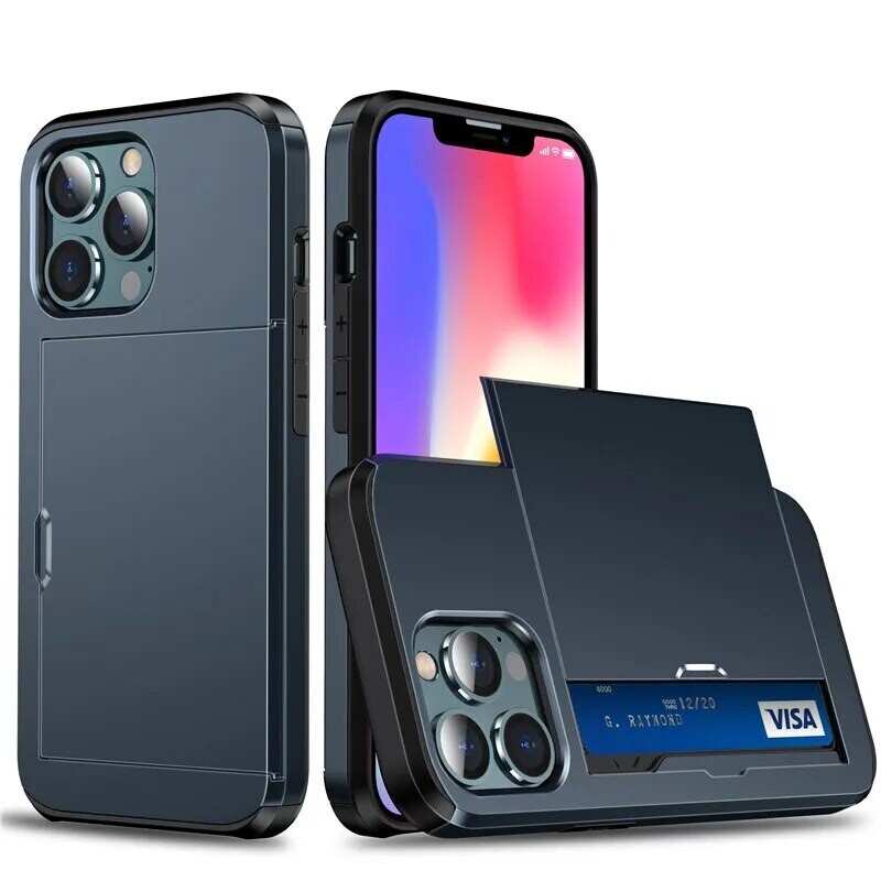 Armor Slide Card Slot Phone Case For iPhone 12 14 Pro Max XR XS Max X 15 Plus 12 11 Pro 11 13 Pro Max Shockproof Card Bag Cover