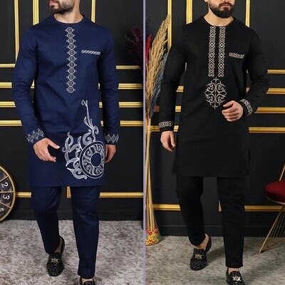 New 2PC Men&#39;s Luxury Designer Clothing Round Neck Long-sleeved Pants Sets African Ethnic Outfit Elegant Suits for Men Kaftan Y2k