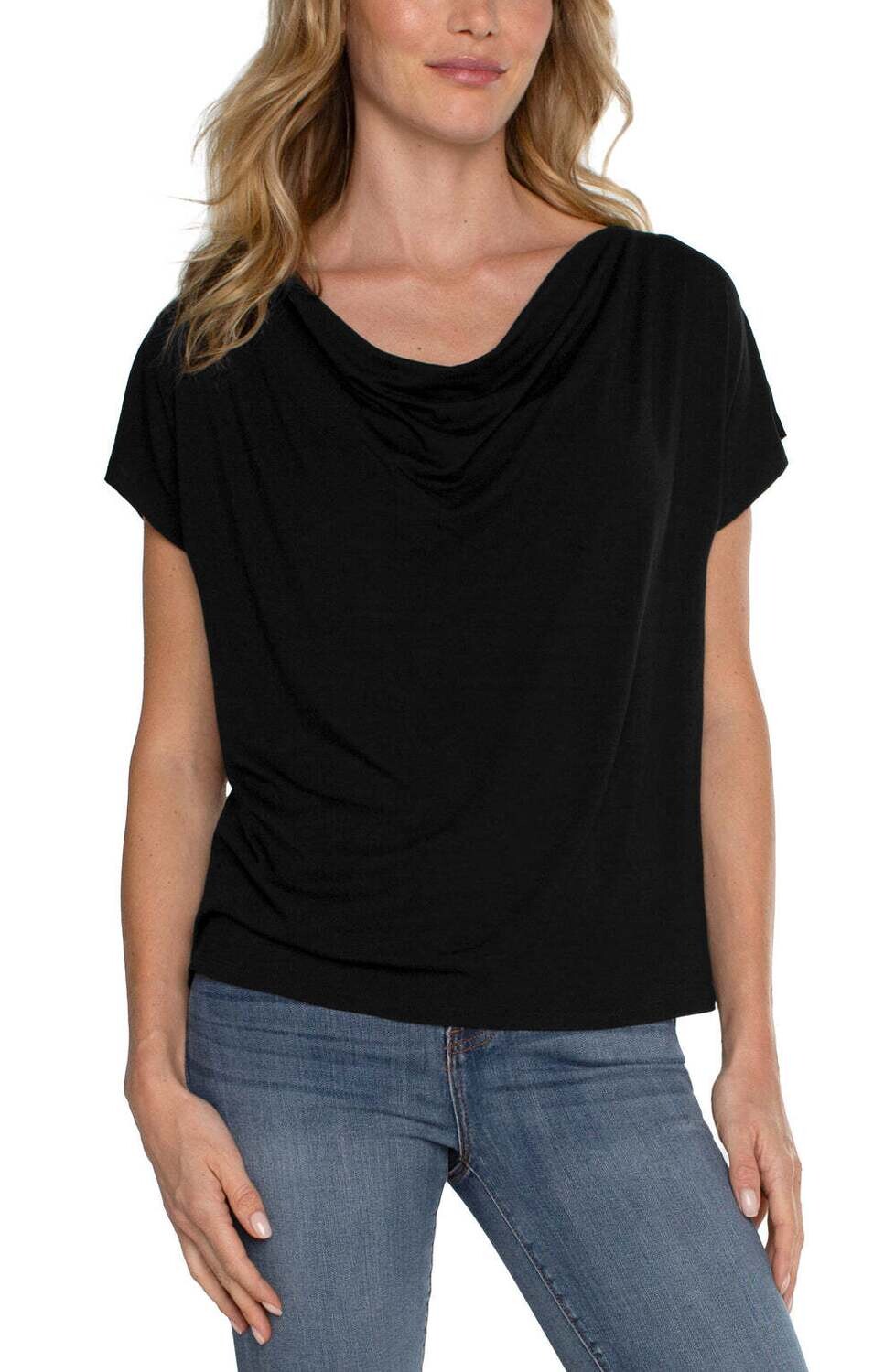 Liverpool Short Sleeve Draped Cowl Neck Knit Top