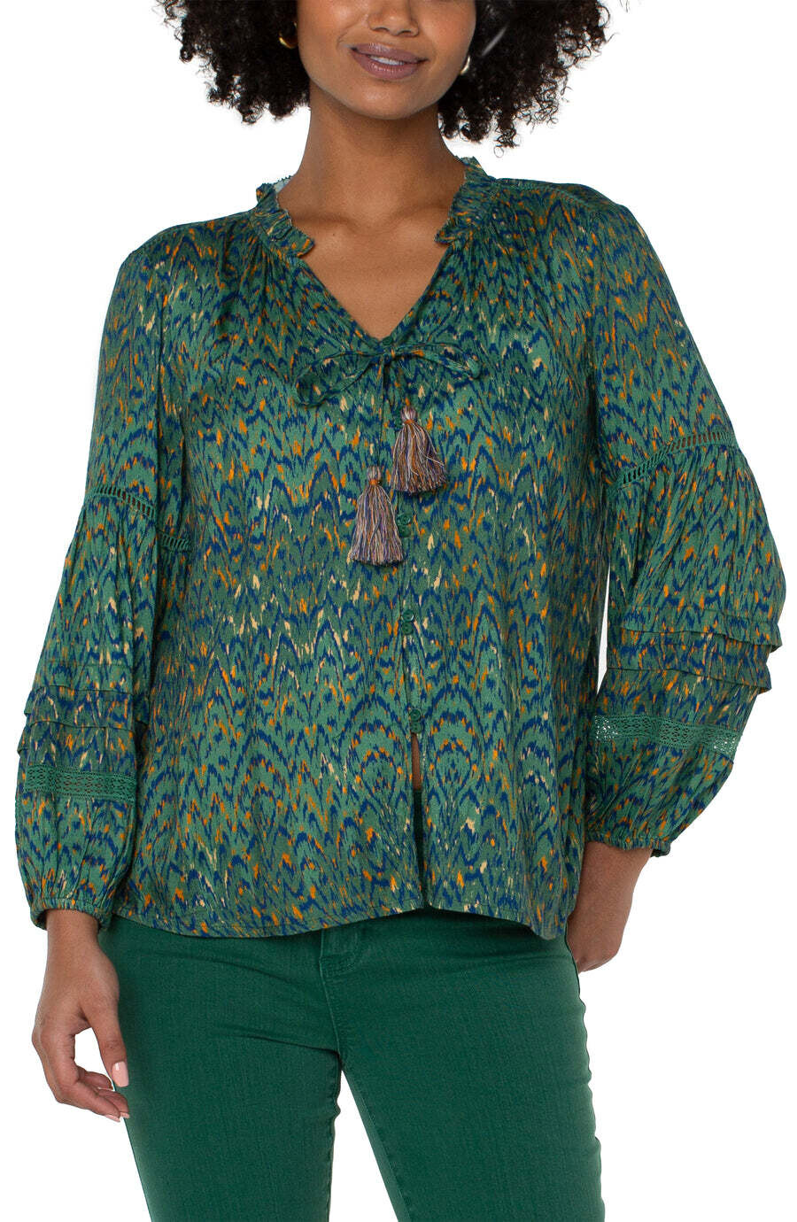 Liverpool Tie Front Popover Shirred Blouse