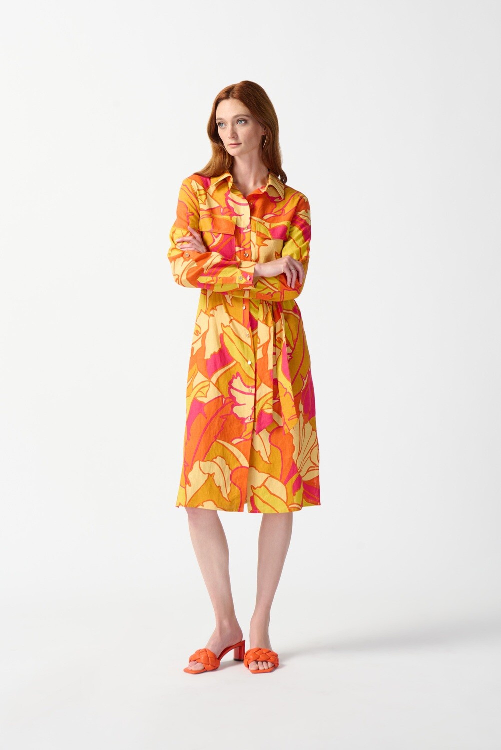 Joseph Ribkoff Linen Blend Floral Print Shirt Dress