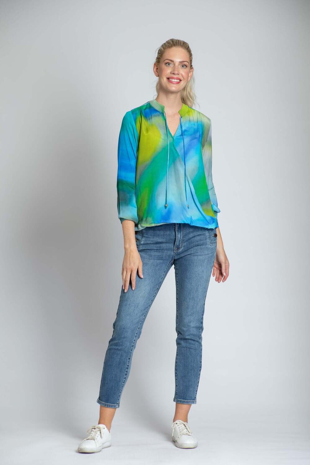 APNY Blue/Lime Ombre Print - Crossover Top With Tassel
