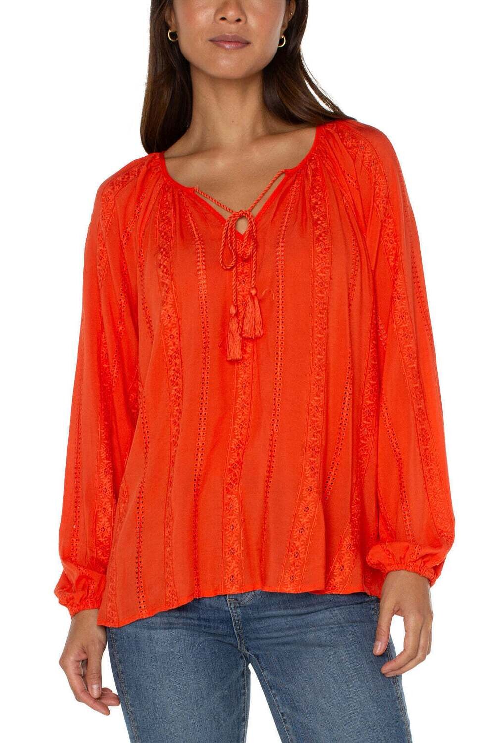 Liverpool Embroidered Shirred Blouse W/ Ties