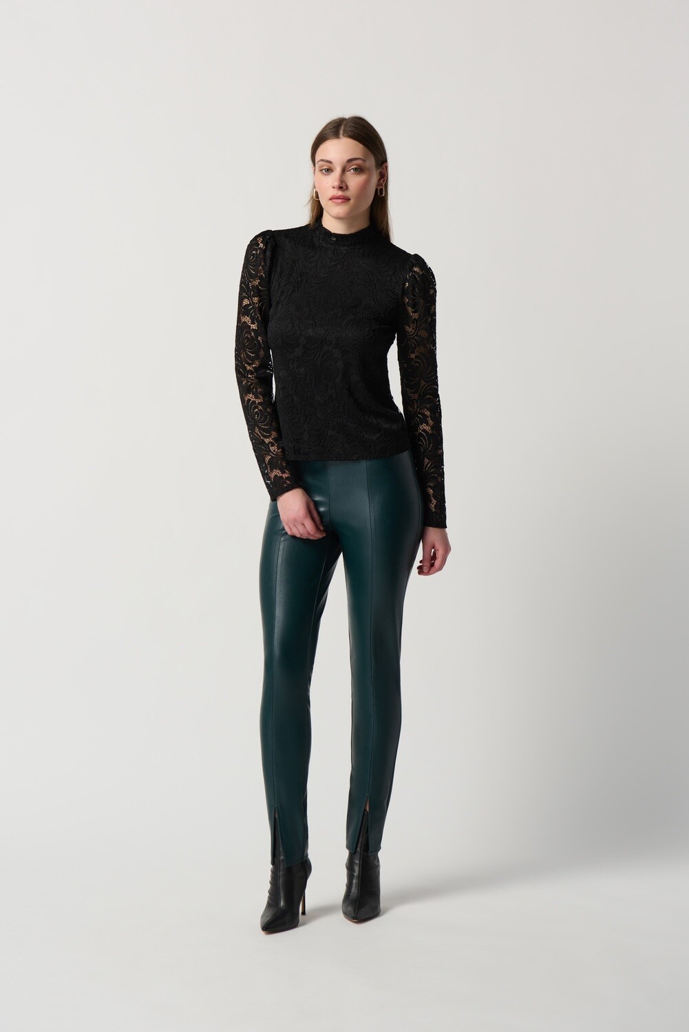 Joseph Ribkoff Lace Fitted Top With Long Puff Sleeves