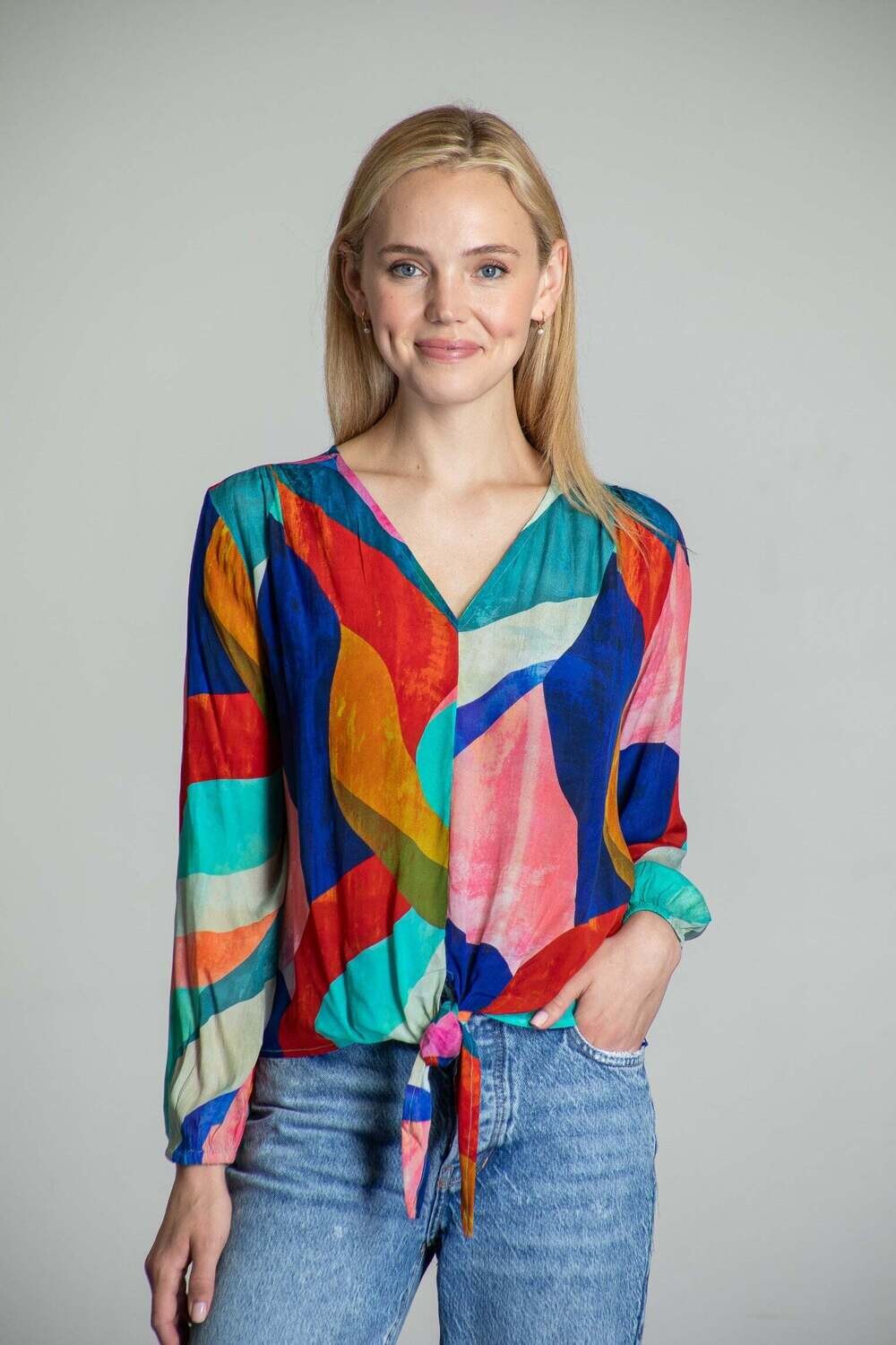 APNY Colorful Abstract Print - V-neck Tie Front Top