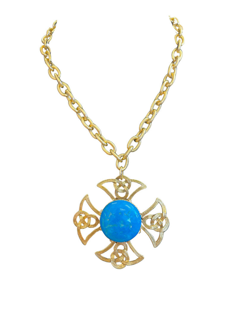 Yochi NP2987 Gold Necklace Blue Center Cross