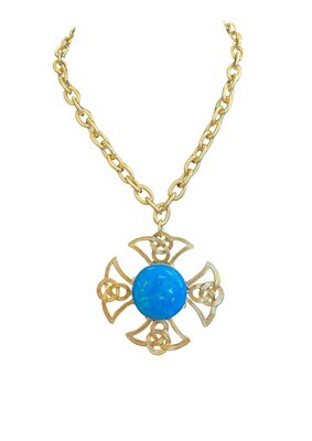 Yochi NP2987 Gold Necklace Blue Center Cross