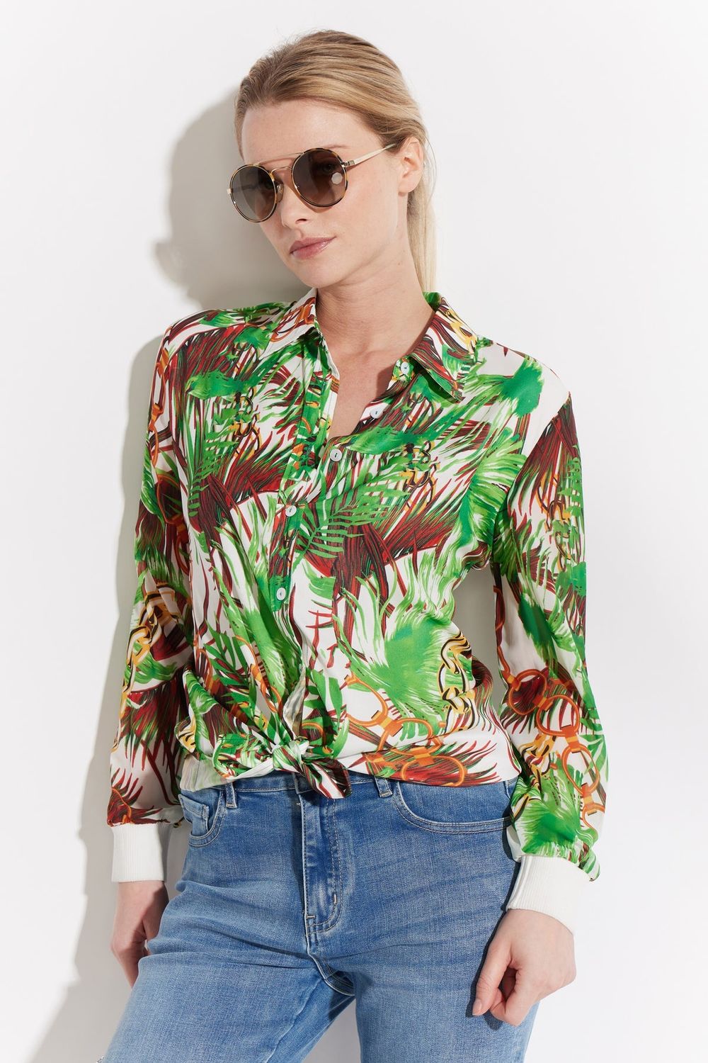 OOLALA Printed Button Front Shirt, Color: Ivory, Size: S
