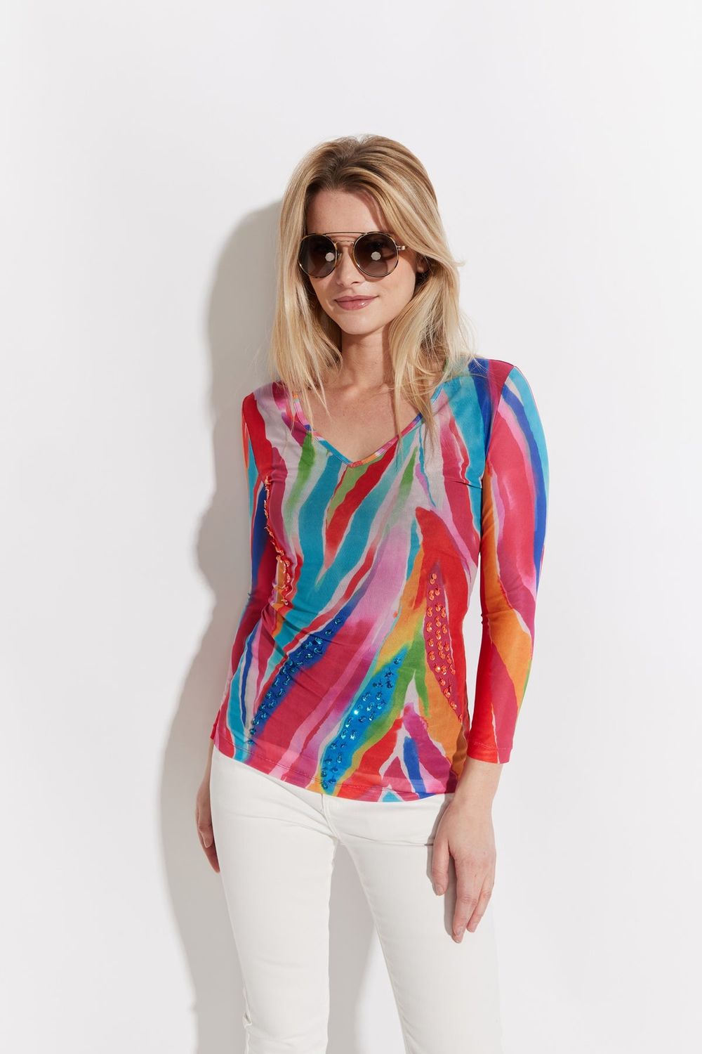 OOLALA Printed 3/4 Sleeve V-Neck Top w/ Sequins, Color: Multi, Size: S